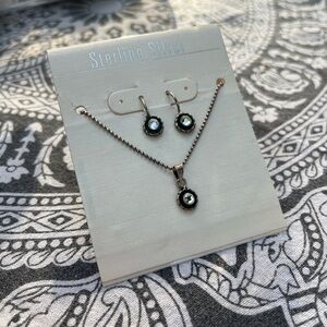 Black and Sterling Silver Minimalist Pendant Necklace and Earring Set